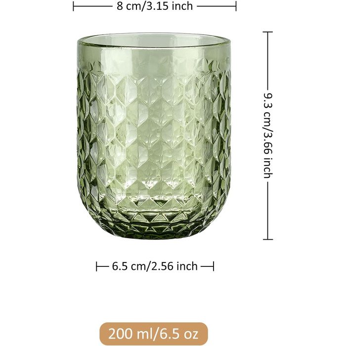 Joeyan 200ml Small Green Drinking Glasses Set of 6, Colorful Water Glasses Set with Diamond Embossed Design, Vintage Glasses Set for Home Restaurant Bar, Dishwasher Safe