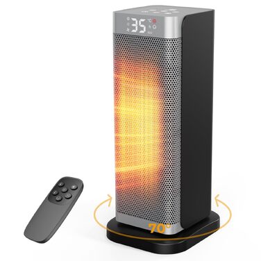 Керамічний електричний обігрівач повітря 2000W з дистанційним керуванням, ECO-режимом, таймером на 12г та поворотом 70°, сріблястий