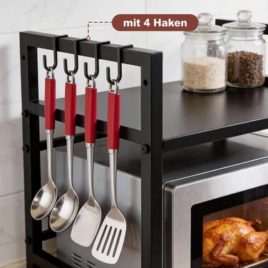 Розширювана полиця для мікрохвильової печі Ribelli, 2 яруси, сталева, з 3 гачками, чорна