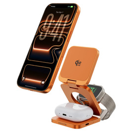 Зарядний пристрій 3-в-1 LULULOOK Ultra Kompakt Qi2.2 25W, MagSafe для iPhone 17/16, Apple Watch, AirPods, GaN 45W, помаранчевий
