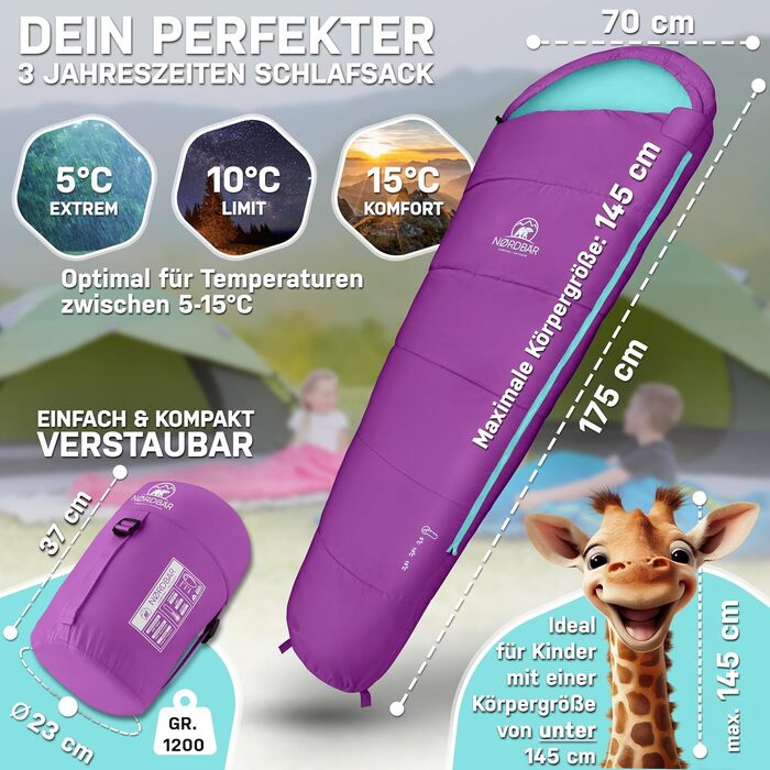 Дитячий спальний мішок для хлопчиків та дівчаток до 145 см | 100% бавовна | Мумійний спальник для кемпінгу | Легкий та теплий [1200г] | Кольори: фіолетовий/бірюзовий