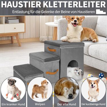 Сходинка для собак та котів Haustiertreppe, складана з місцем для відпочинку, сіра (3 сходинки, сіре гніздо)