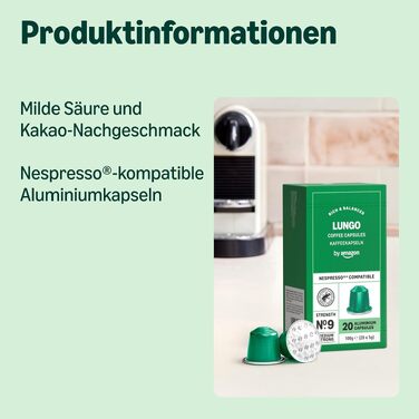 Кавові капсули з алюмінію by Amazon, сумісні з Nespresso, світле обсмажування, Lungo, 100 шт (5 упаковок по 20 шт), сертифікат Rainforest Alliance