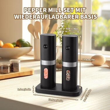 Salt and Pepper Shakers Electric 2-Piece Set, Automatic Pepper Grinder with Charging Station, USB Rechargeable Spice Grinder Electric, Adjustable Coarseness, One-Hand Operation, Ceramic Grinder, LED Light