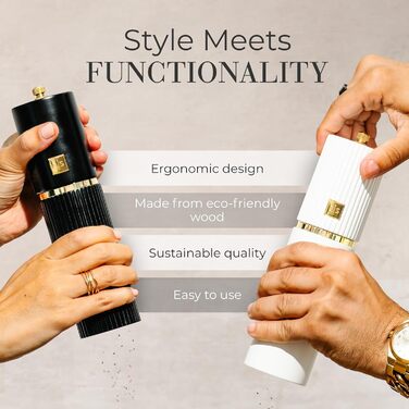 Набір для солі та перцю Styled Settings – біло-чорний з золотом, ручний, 2 шт., з регульованим керамічним жорном та дерев'яною підставкою