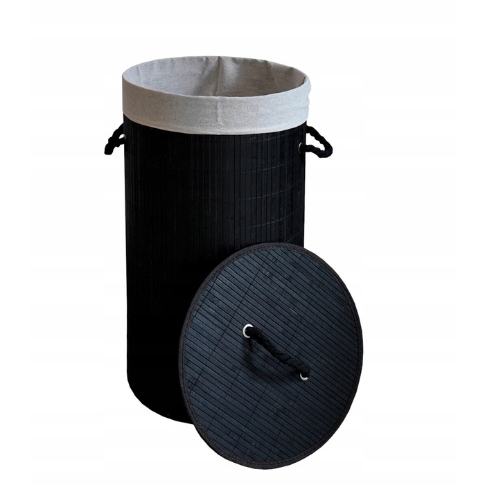 Великий круглий бамбуковий кошик для білизни з кришкою, 60 л, чорний