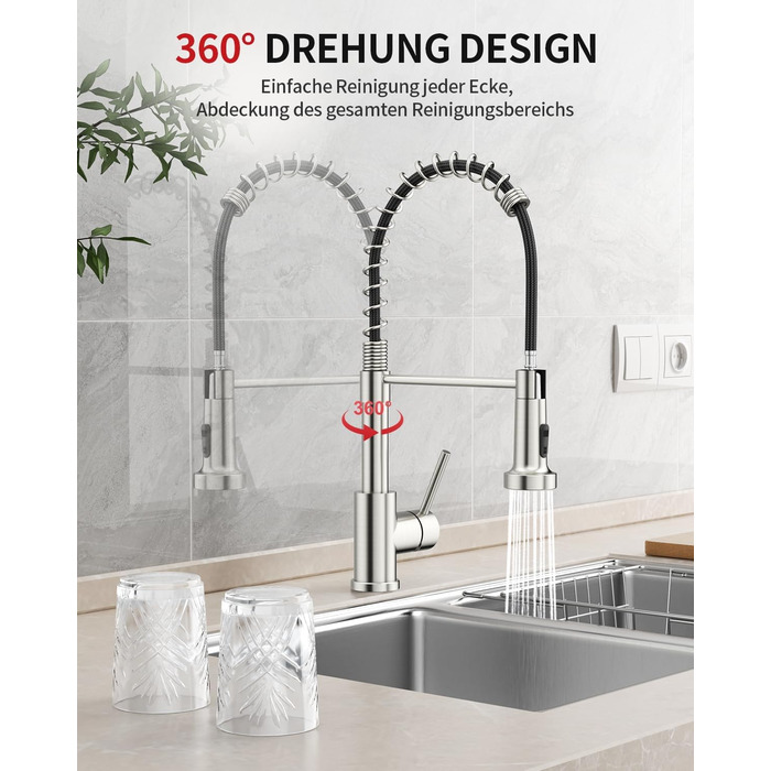 Кухонний змішувач Rainsworth з нержавіючої сталі з двома режимами струменя та висувною лійкою, 360° обертання, висота 45 см