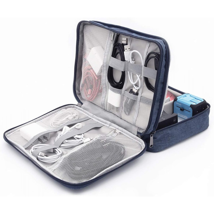 Водонепроникна сумка-органайзер для кабелів та електроніки Ruyosn. Двошарова сумка для кабелів, power bank, жорсткого диска. Синій колір, один розмір.