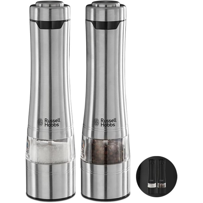 Електричні млини Russell Hobbs для солі та перцю, набір 2 шт, нержавіюча сталь, керамічний механізм, регульований помел, LED підсвітка, для спецій та трав, модель 23460-56