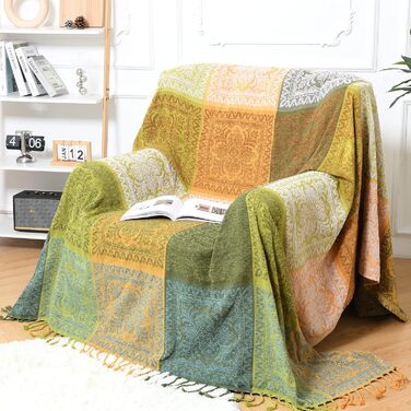 HOORDRY Chenille Woven Throw Blanket 220x260CM, Sofa Throw Blanket Overthrow Blanket for Couch Bed Sofa Chair, Double-Sided Boho Blanket with Tassels, Cozy Soft Couch Blanket Reversible Blanket, Green/Yellow Green 220 x 260 cm