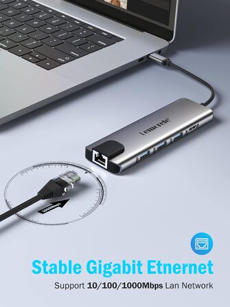 Lemorele Док-станція USB C хаб 9-в-1 з Ethernet: 2xHDMI 4K, 3xUSB 3.0/2.0, VGA, PD 100W, SD/TF, для Windows, MacBook, Dell, HP, Lenovo, Surface