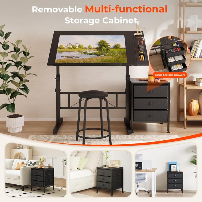 Adjustable Drafting Table with Tilt & Height - Drawing & Computer Desk with Stool & Storage - Wood Finish (Black + Storage Cabinet)
