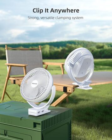Вентилятор Koonie 10000 mAh з кліпсою, 20 см, портативний USB, акумуляторний, 4 швидкості, 360° оберт, тихий, для дому, офісу, дитячої коляски, кемпінгу, гроубокса (білий)
