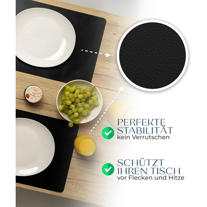 Table Placemats Washable 4-Pack – Sustainable, Stable & Non-Slip – High-Quality Recycled Leather, Made in Germany (Black)