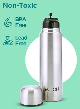 Термос Milton Thermosteel Flip Lid 1000 мл з подвійними стінками, вакуумна ізоляція, нержавіюча сталь, без BPA, з кришкою-фліпом, срібний | 1 літр, 24 години зберігання тепла та холоду
