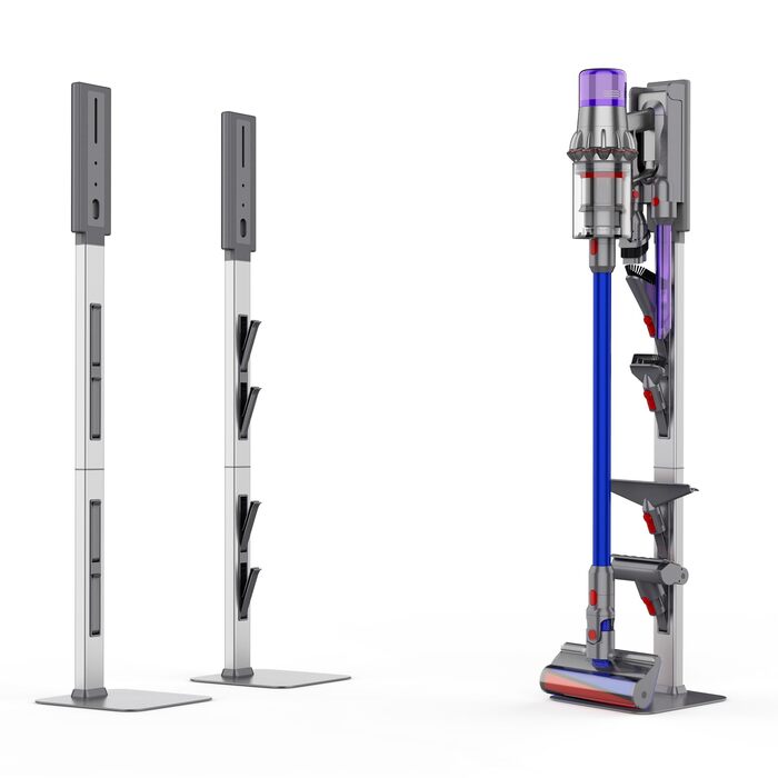 Стійка для бездротового пилососа Dyson з гачками для зберігання аксесуарів, сталь карбонова, сірий колір - настінний монтаж без свердління