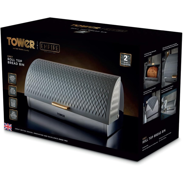 Хлібниця Tower Empire з роликовим кришкою, нержавіюча сталь, сірий колір, з латунними деталями