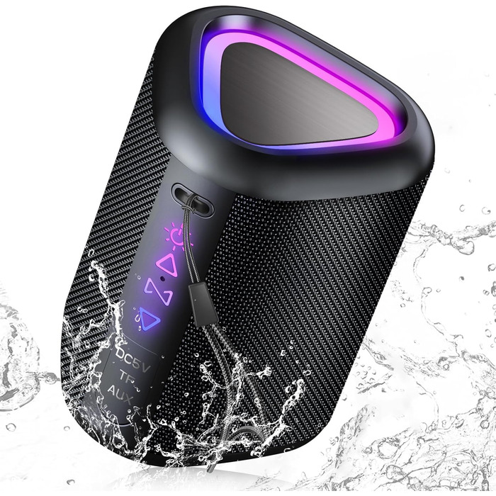 Портативна Bluetooth колонка Aowoka з підсвічуванням, 30 Вт, водонепроникна IPX7, покращений бас, для відпочинку, спорту та подорожей. Чорний коленсовий матеріал