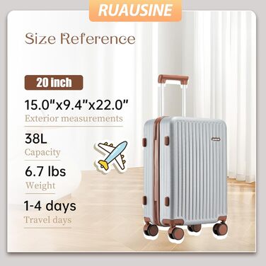 Валіза ручної поклажі з жорстким корпусом та 4 обертовими колесами, з TSA-замком (Сріблястий, 20 дюймів)