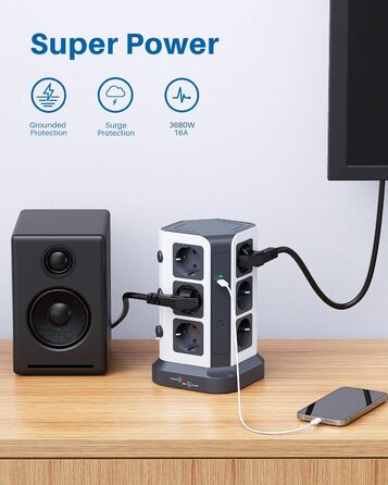 Блок розеток KOOSLA з USB-C, 12 розеток, 3680W/16A, захист від перенапруги 1500J, індивідуальне вмикання, 5м кабель, сірий