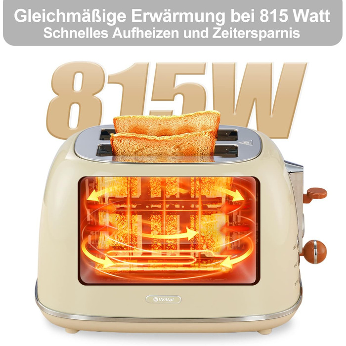 Wiltal Retro 2-Slice Toaster, 6 Adjustable Browning Levels, with High-Quality Bun Warmer, Warming-Defrost-Cancel Function, Countdown Display (milky)