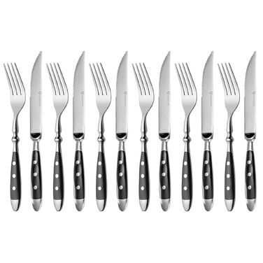 Набір столових приборів GRÄWE для стейку, 12 предметів, на 6 осіб, нержавіюча сталь, полірована, важкі, для посудомийної машини, чорна ручка Нюрнберг