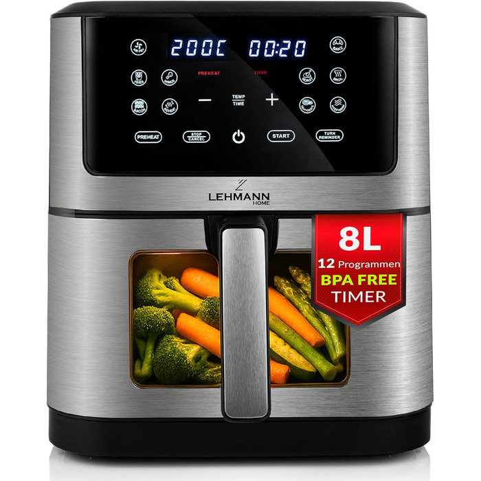 Горизонтальний фритюрник Lehmann 8л, 1800 Вт з оглядовим вікном, регулюванням температури до 200°C, 12 програм, таймером, антипригарним покриттям, для приготування на грилі, випікання та смаження з використанням технології Air Fry