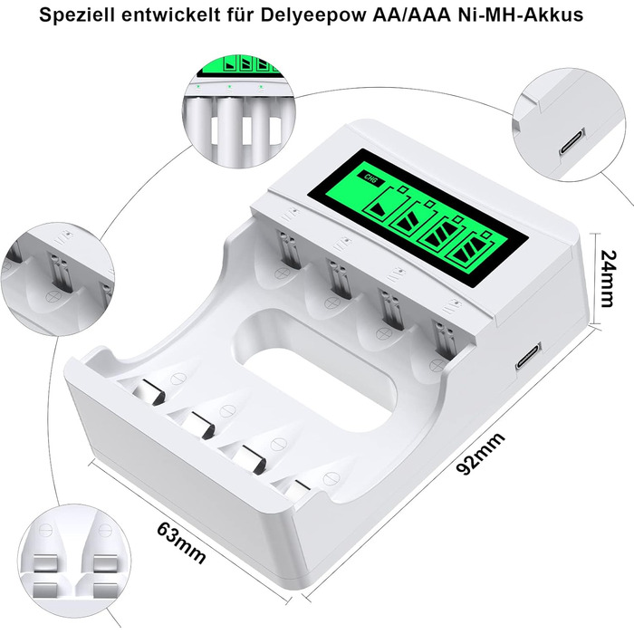 Зарядний пристрій для акумуляторів AAA з LCD-дисплеєм, 8 шт. акумуляторів 1100mAh, NiMH 1.2V, 4 слоти для заряджання