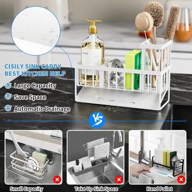 Cisily Kitchen Sink Caddy Organizer with Tall Brush Holder, Sponge Holder for Sink, 304 Stainless Steel, Kitchen Countertop, Soap Dispenser, Organizer, Kitchen Decor and Accessories (White/Opulent Garden)