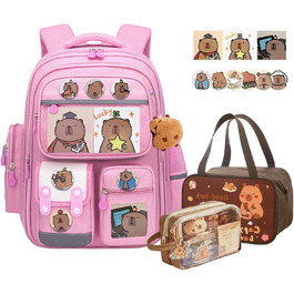Рюкзак Капібара Великий, Набір рюкзаків Капібара для дітей з пеналом та ланч-боксом, шкільний рюкзак для підлітків, для хлопчиків та дівчаток (Рожевий)