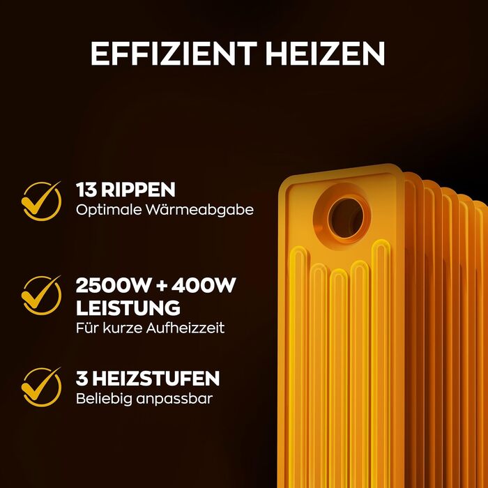 Електричний масляний радіатор Heinrich з 13 ребрами, 2500W, з вентилятором, терморегулятором, захистом від перегріву та нахилу, чорний