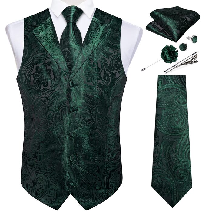 Костюмний комплект DiBanGu: жилет, краватка, нагрудна хустка, запонки, лапєль-кліп (7 предметів) з паєчним візерунком, смарагдовий колір, XL