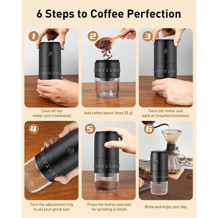 Електрична кавомолка Pawfly з керамічним жорном, 40 ступенів помолу, функцією Auto-Stop та щіткою для чищення. Професійна модель для подорожей та кемпінгу