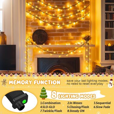 Льо́хкова гірлянда на Різдво, 200 LED, з таймером, 8 режимів, вологостійка, 40м, тепле біле світло для прикраси ялинки, саду, дому