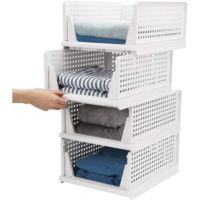 4 Pack Stackable Foldable Closet Storage Box Organizer (Easy Open and Fold), Plastic Closet Shelf Organizer Box, Bedroom, Kitchen (White)