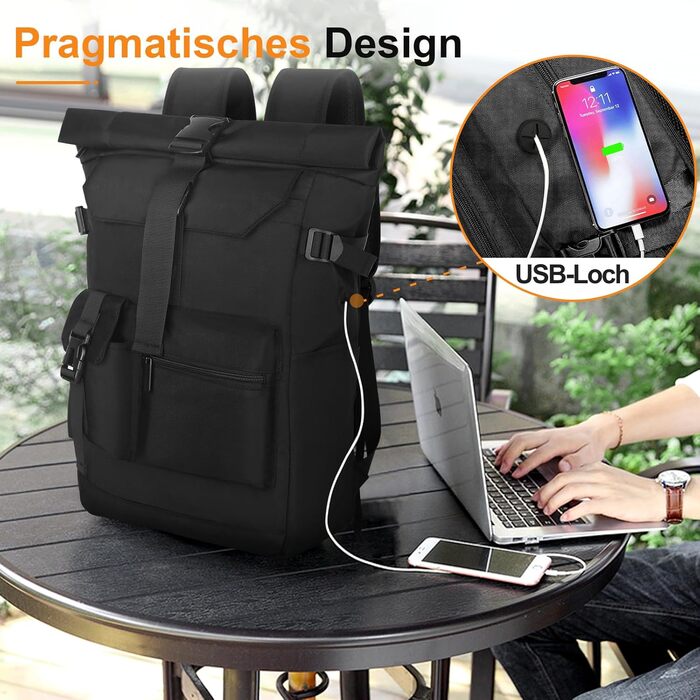 Roll-Top Backpack Waterproof, 27L Large Backpack Men Women, School Backpack with 17.3 Inch Laptop Compartment, Travel Backpack Hiking Backpack for Business Work College Travel Leisure (Black)