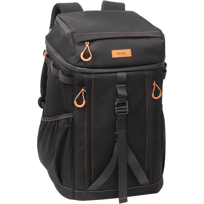 Рюкзак-холодильник HP Hope 35L, водонепроникний, ізольований, чорно-помаранчевий. Ідеально для пікніків, відпочинку на природі, кемпінгу та подорожей. Об'єм: 35 літрів, вміщує до 48 банок.