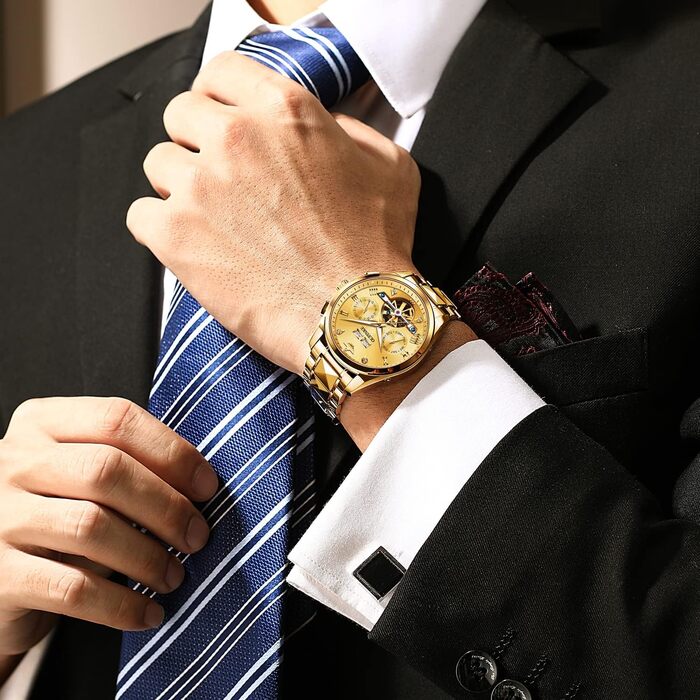 Чоловічий годинник OLEVS Automatik Skeleton з автопідзаводом: механічний годинник з люксовим дизайном, сапфіровим склом, вологостійкий, з браслетом з вольфрамової сталі (3186 Goldene)