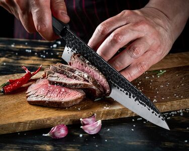 Японський кухонний ніж Gyuto 21 см, професійний, ручної роботи, з високоякісної сталі AUS-8, з дерев'яним руків'ям з палісандру, подарункова коробка