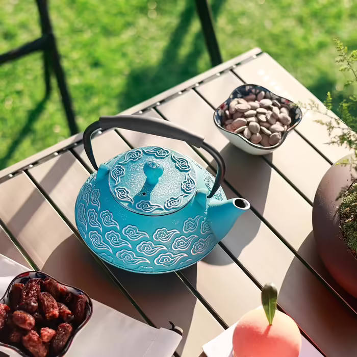 Cast iron teapot, Japanese teapot with infuser for loose tea, 800ml teapot suitable for stovetops, with enameled interior coating, cloud pattern, 27oz Green (Sky-blue)