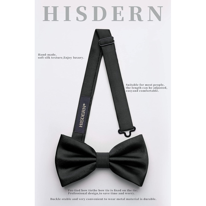 Чорна краватка-метелик HISDERN з кишеньковим хустинкою для чоловіків, однотонна, регульована, для вечірки, весілля, смокінгу