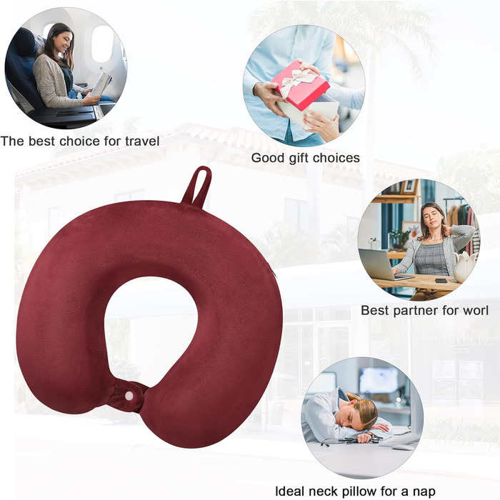 Подушка для шиї з Memory Foam, зручна для подорожей, U-подібна форма, підтримка шиї та голови, зменшує втому, портативна, для літаків, поїздів, авто (темно-червоний)