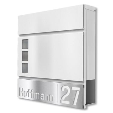 Поштова скринька Metzler Svena з нержавіючої сталі (RAL 9007) та іменним шильдиком, біла. З газетницею та вікном. Розмір: 37x37x10.5 см