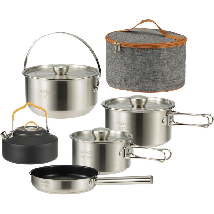 Набір кухонного посуду для кемпінгу з нержавіючої сталі 304, 10 предметів: каструлі, сковорідки, чайник, сітчаста сумка для подорожей, кемпінгу, трекінгу, пікніків, похідного спорядження
