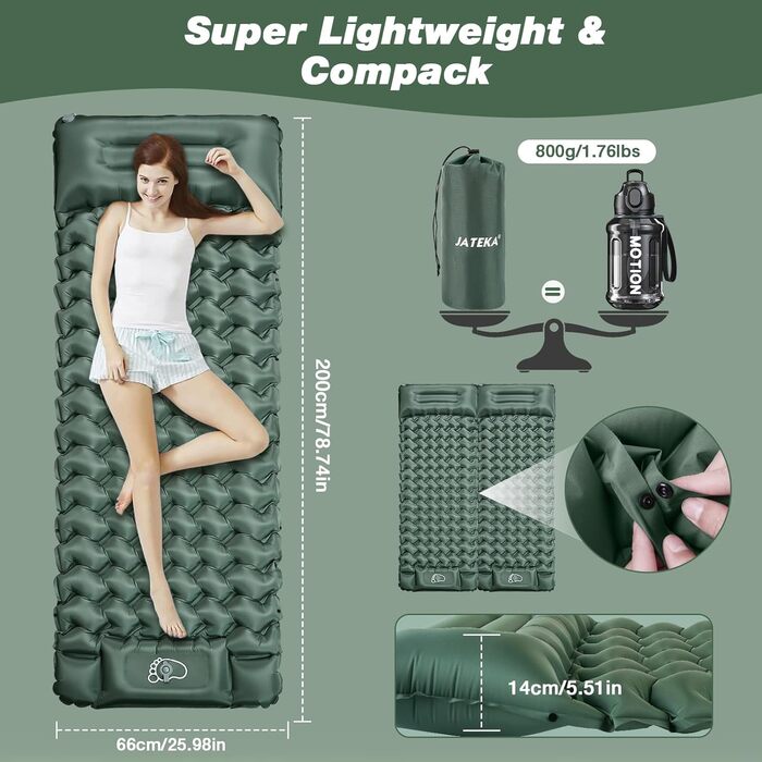 JATEKA Self-Inflating Sleeping Pad - Ultralight Camping Mat with Pillow & Foot Pump - Compact Sleeping Pad for Backpacking, Hiking, Travel & Tent Use