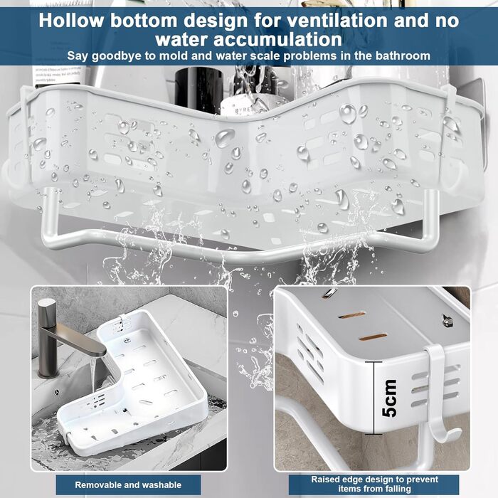 Поличка для душу без свердління, кутова, для ванної кімнати, органайзер, з 2 гачками (біла)