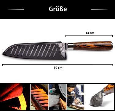 Ніж кухарський Santoku XL (30 см) Wolfblood з дамаської сталі 67 шарів. Професійний кухарський ніж з дерев'яною ручкою, подарункова коробка та захист леза