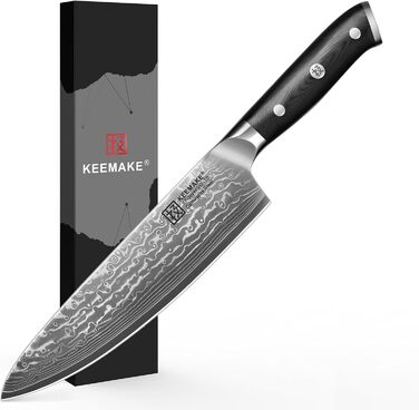 Ніж кухарський Keemake Дамаск 20 см, кухонний ніж з високоякісної сталі Дамаск 67 шарів з ручкою G10, ідеальний подарунок на День батька
