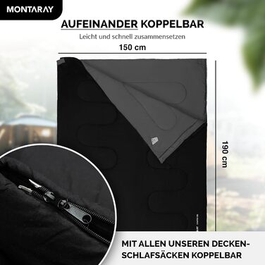MONTARAY® 100% Cotton Sleeping Bag - Warm Outdoor & Summer Sleeping Bag for 3-4 Seasons - Includes Pillow - Hut Sleeping Bag for Men & Women - Black (75x190cm)