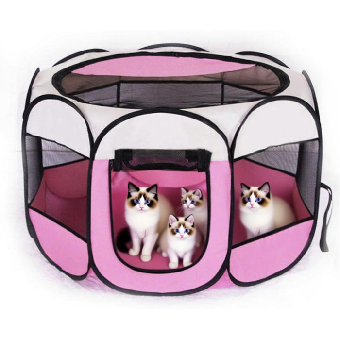 Клітка-вигул для цуценят 74x74x43 см – Розкладний вольєр для собак та котів – Клітка для кроликів та інших дрібних тварин – Безпечний вольєр для дому та вулиці (Бежевий + Рожевий)